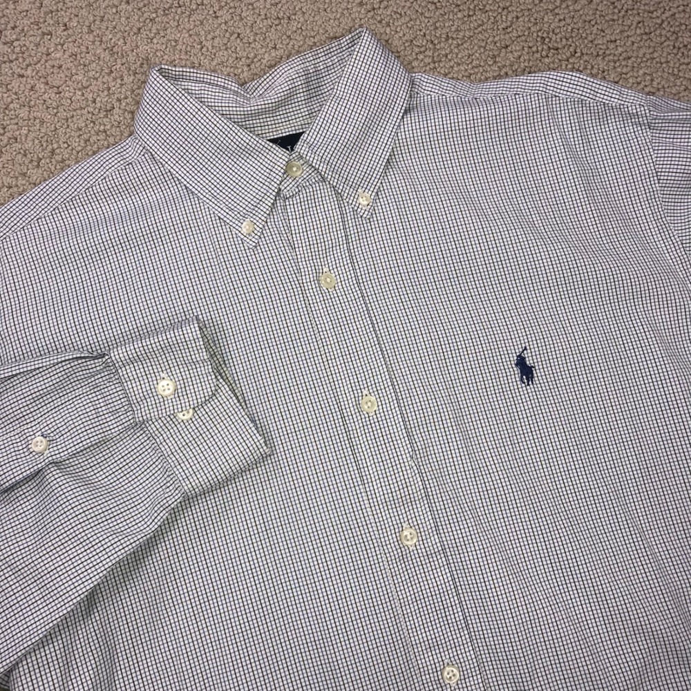 Polo Ralph Lauren Yarmouth Shirt Mens 16 34/35 Blue White Micro Check Cotton L/S